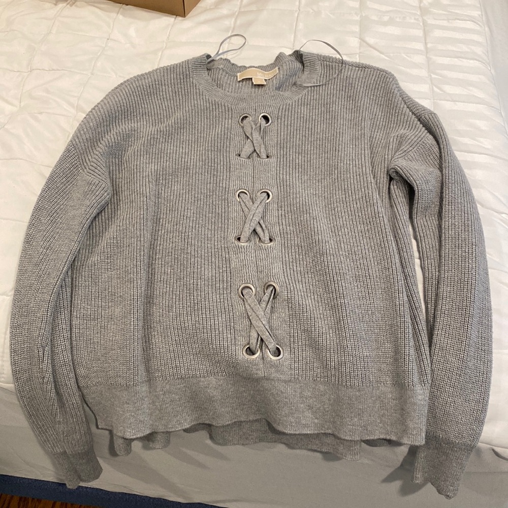 Gray Michael Kors sweater with scalloped neckline